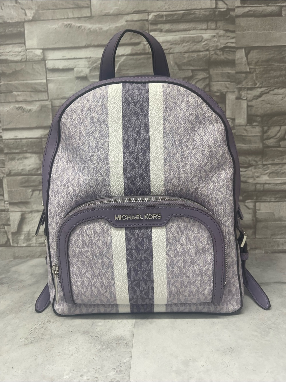 Michael Kors Jaycee Backpack MK Logo Purple & White Orchid Haze Center Stripe - Picture 2 of 15